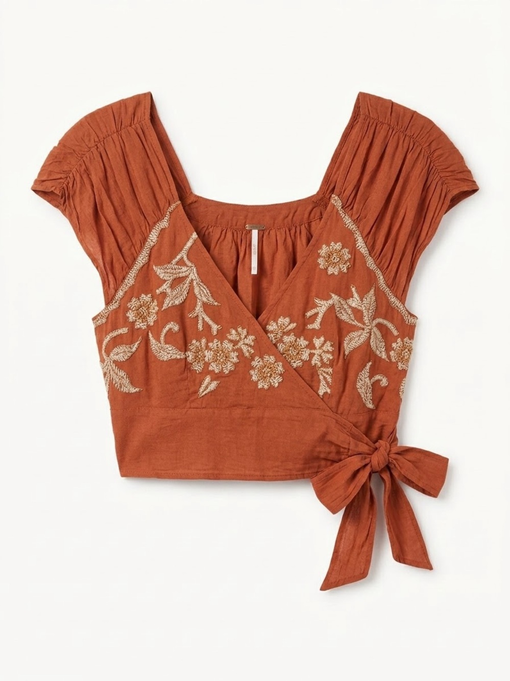 Free people  Rust Floral Embroidered Wrap Crop Top with Side Tie